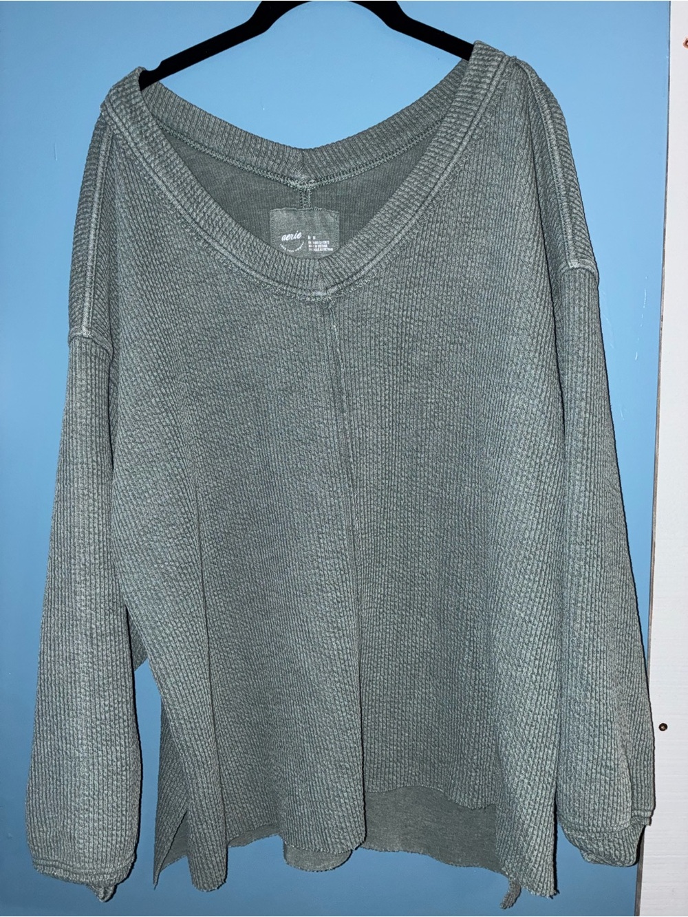 aerie Waffle-Knit V-Neck Sweater - Sage Green